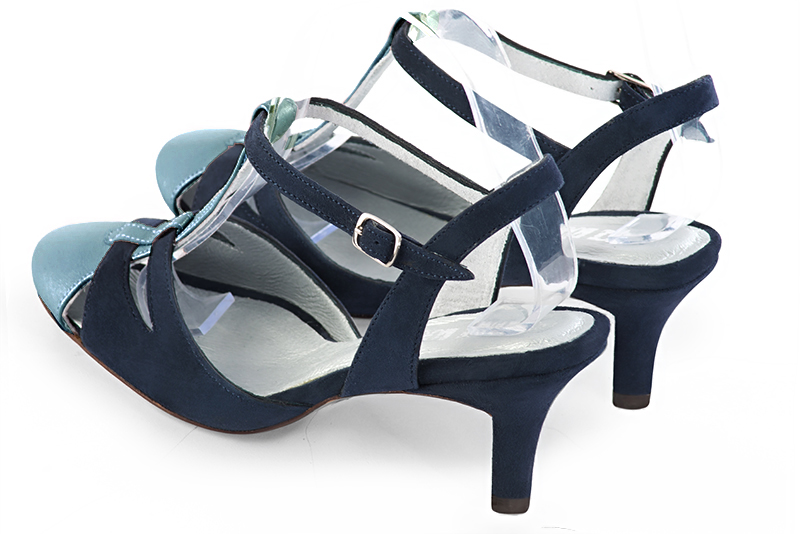 Peacock blue women's open back T-strap shoes. Round toe. Medium slim heel. Rear view - Florence KOOIJMAN